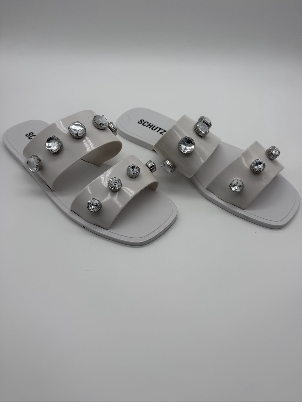 Schutz Lizzie White Rubber Silver Stud Embellished Slip on Slides Sandals US 11